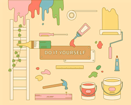 A collection of paint tools for DIY self-interiors. Outline simple vector illustration.のイラスト素材