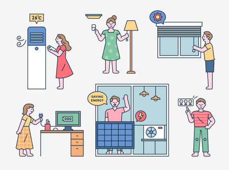 People are explaining how to save electricity. outline simple vector illustration.のイラスト素材