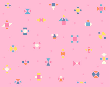 On a pink background, small pieces of shapes are making a kaleidoscope-like pattern. Simple pattern design template.のイラスト素材