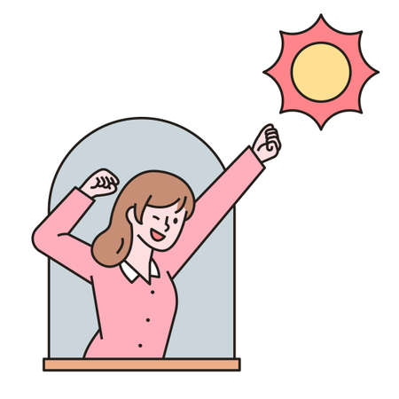 A woman is stretching out the window. outline simple vector illustration.のイラスト素材
