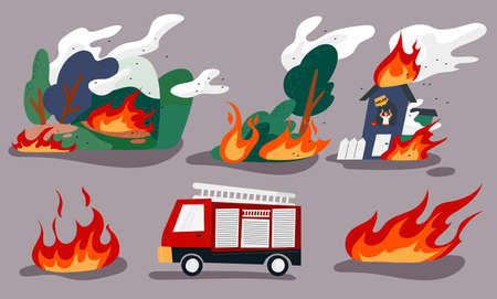 A burning forest, a man trapped in a burning house, and a fire engine. flat design style minimal vector illustration.のイラスト素材