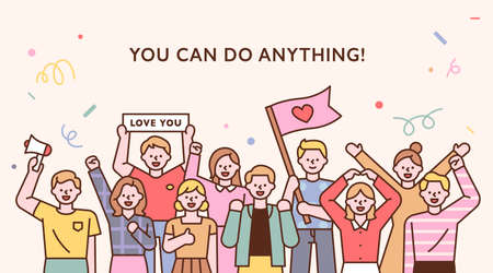 Friends gather together and cheer. outline simple vector illustration. Keywords language: Enのイラスト素材
