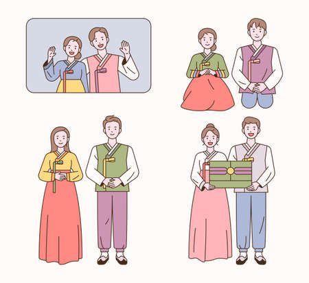 A couple of men and women in traditional Korean clothes are greeting each other in various poses. outline simple vector illustration.のイラスト素材