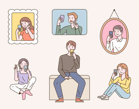 People are taking selfies. The picture is hung in a picture frame. outline simple vector...