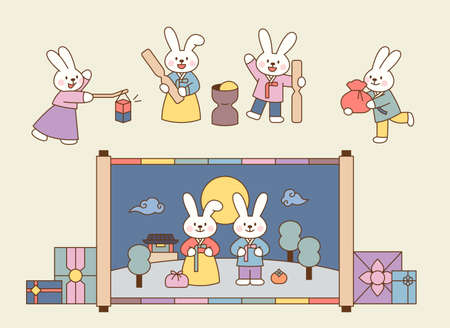 Cute rabbits are greeting the holidays in traditional Korean clothes. outline simple vector illustration.のイラスト素材