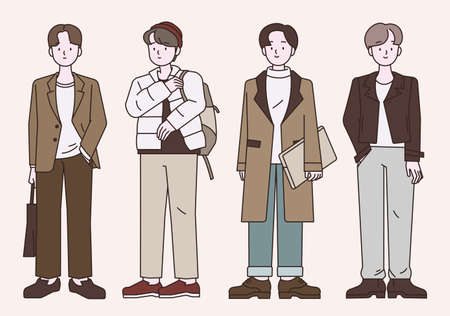 A collection of stylish men's fashion characters. outline simple vector illustration.のイラスト素材
