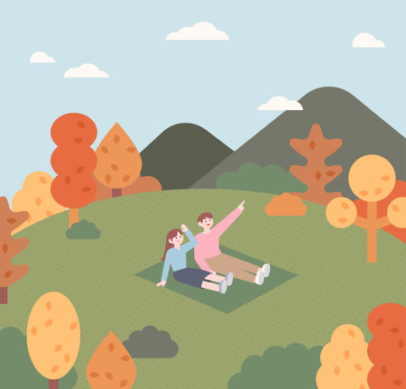 A couple is sitting in the autumn park. The trees around them are turning red. outline simple vector illustration.のイラスト素材