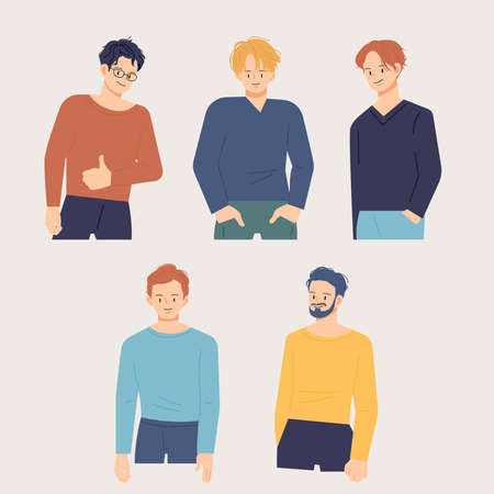 Stylish male character standing with various gestures. flat design style vector illustration.のイラスト素材