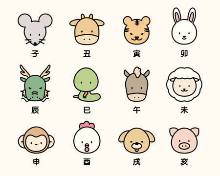 Cute animal face icons. Asian New Year 12 animals. outline simple vector illustration.のイラスト素材