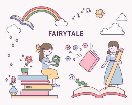A cute little girl is sitting on a stack of books and reading a book. Cute little girl is holding a pen and writing in a notebook.のイラスト素材