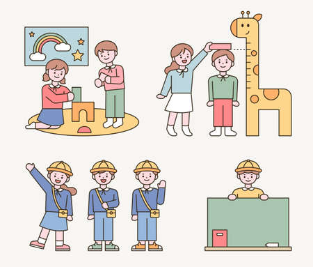 Kindergarten children are having fun with their friends. outline simple vector illustration.のイラスト素材