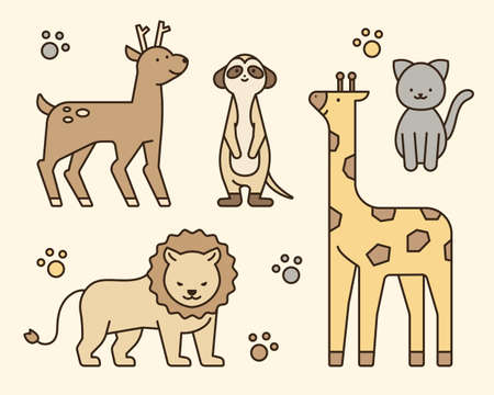 Cute animal character. Deer, meerkat, giraffe, lion, cat. outline simple vector illustration.のイラスト素材