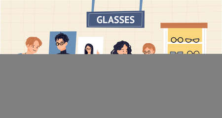 People and clerk choosing glasses in an optician's shop. flat design style vector illustration.のイラスト素材
