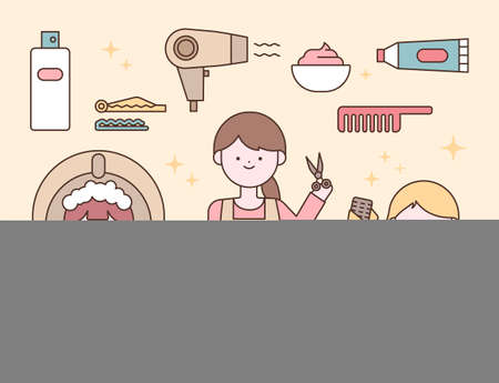 Set of cute hair salon characters and hairdressing tools icons. flat design style vector illustration.のイラスト素材