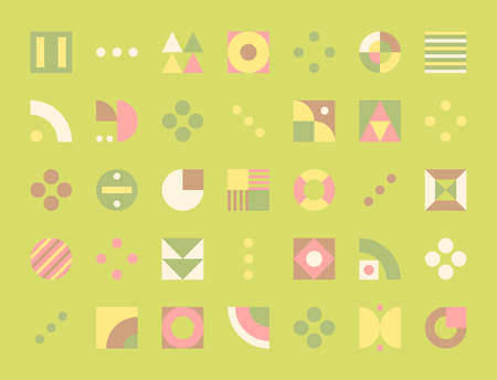 A collection of simple tile geometric patterns on a light green background. Simple pattern design template.のイラスト素材