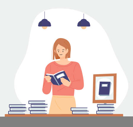 Book store and people. A woman reading a book at the book recommendation section. flat design style vector illustration.のイラスト素材