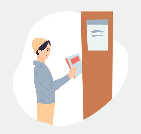 Book store and people. A man is selecting a book from a bookshelf. flat design style vector illustration.のイラスト素材