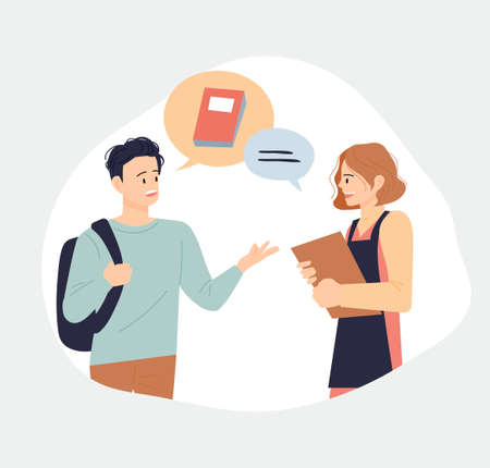 Book store and people. A customer asks a bookstore employee to find a book. flat design style vector illustration.のイラスト素材