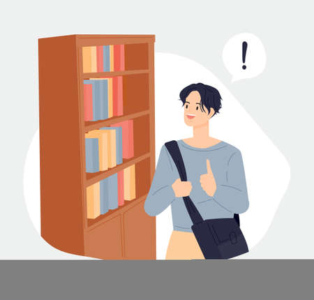 Book store and people. Man looking for a book in a bookshelf. flat design style vector illustration.のイラスト素材