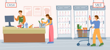 Supermarket background. Market staff and customers counting goods. Customer pushing a shopping cart. flat design style vector illustration.のイラスト素材