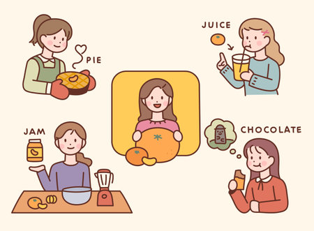 Foods made with tangerine, a special product of Jeju Island, Korea. flat design style vector illustration.のイラスト素材