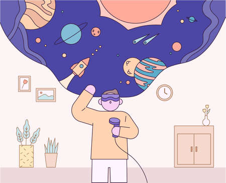 A man in the room is wearing VR glasses and looking at the universe. flat design style vector illustration.のイラスト素材
