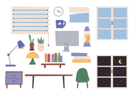 A collection of home deco office props. flat design style vector illustration.のイラスト素材