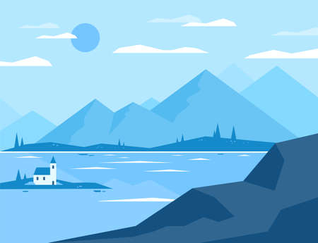 A small house in a landscape with mountains and a river. flat design style vector illustration.のイラスト素材