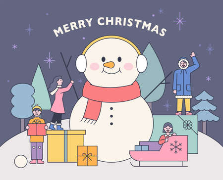 Around a large snowman, people are holding gift boxes and greeting Christmas. flat design style vector illustration.のイラスト素材