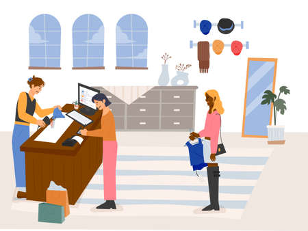 Clothing store customers stand to pay. flat design style vector illustration.のイラスト素材
