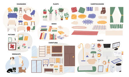A collection of sources of various interior furniture and props. flat design style vector illustration.のイラスト素材