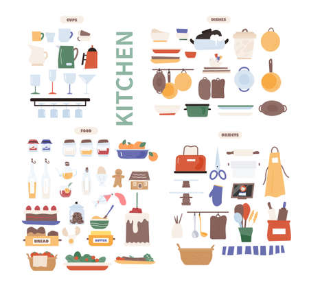 Kitchen object icons mega set. flat design style vector illustration.のイラスト素材