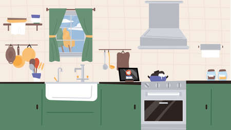 Kitchen interior background with sink and oven hood. flat design style vector illustration.のイラスト素材