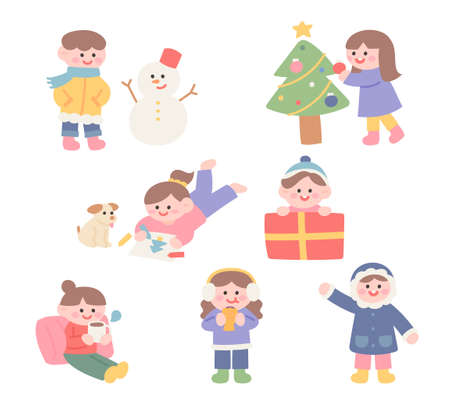 Christmas character. Cute children in winter clothes are playing. flat design style vector illustration.のイラスト素材