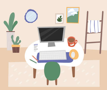 Workspace with computer and office supplies on the table and plants around the desk. flat design style vector illustration.のイラスト素材