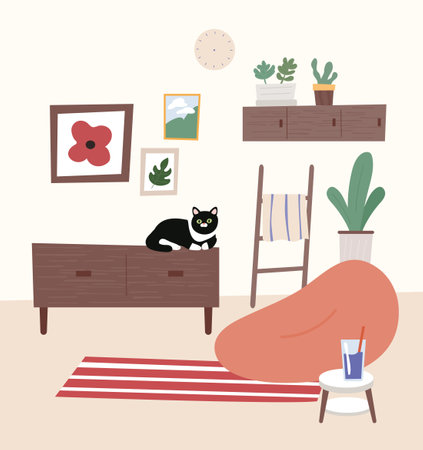 Comfortable interior with bean bag and cat. flat design style vector illustration.のイラスト素材