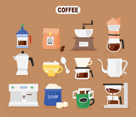 A collection of coffee supplies. flat design style vector illustration.のイラスト素材