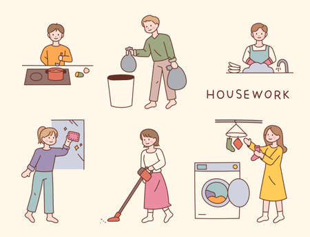 people doing housework. flat design style vector illustration.のイラスト素材