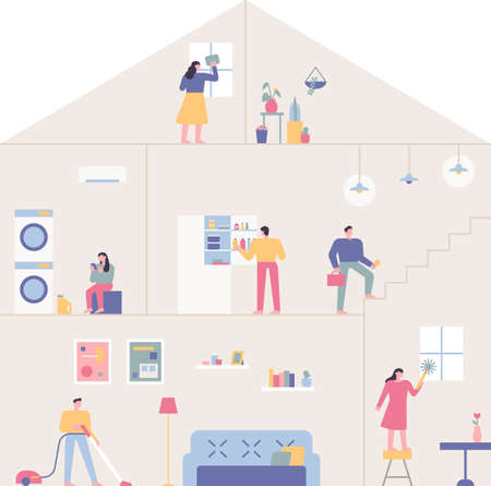 Each room is separated in the form of a house and people are living there. People using household appliances and cleaning. flat design style vector illustration.のイラスト素材