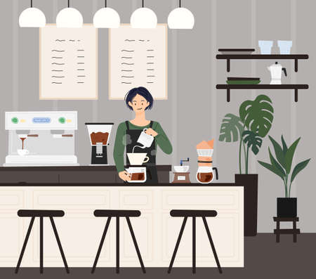 A barista doing hand drips in a cafe. flat design style vector illustration.のイラスト素材