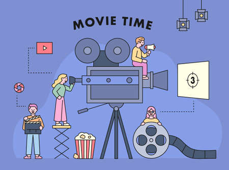 Film crews are filming around a huge film camera. Movie industry concept template. flat design style vector illustration.のイラスト素材