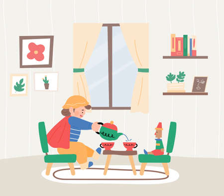 A cute boy invites his doll friend to tea time and plays. flat design style vector illustration.のイラスト素材