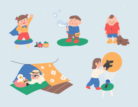Cute children playing various games. flat design style vector illustration.のイラスト素材