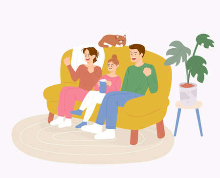 The family is sitting on the sofa together and watching TV, having fun. flat design style vector illustration.のイラスト素材