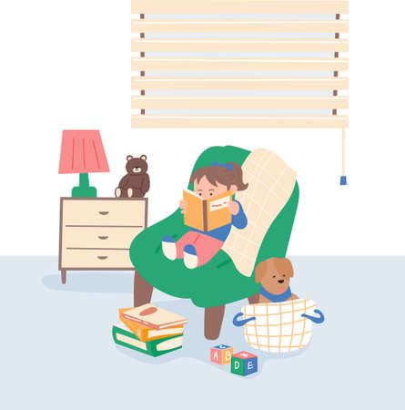 Cute little girl is sitting on the sofa and reading a book. flat design style vector illustration.のイラスト素材