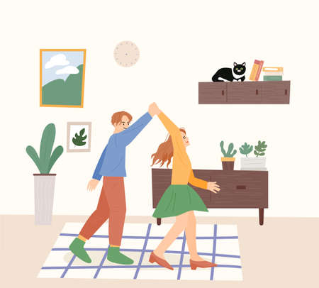 A couple is dancing and having fun together at home.のイラスト素材