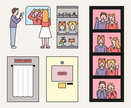 Photo booth, couples are taking instant photos. Cute wig and playful pose. flat design style vector illustration.のイラスト素材