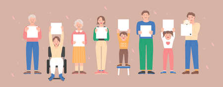 People of different ages are standing with square boards. flat design style vector illustration.のイラスト素材