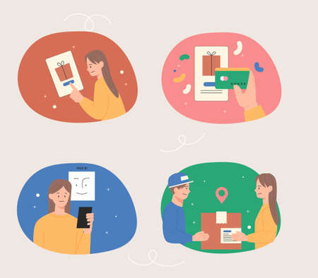 The process of shopping online on the Internet, receiving products delivered, and writing reviews. flat design style vector illustration.のイラスト素材