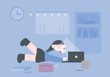 A girl is lying on the floor and looking at a laptop. flat design style vector illustration.のイラスト素材